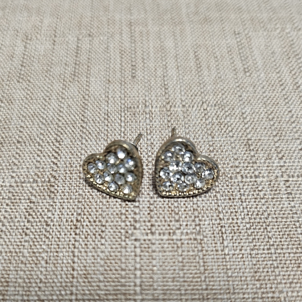 Heart-Shaped Crystal Stud Earrings, Gold-Tone, Rhinestone Pave Setting